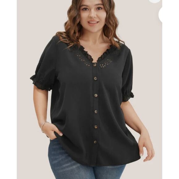Bloomchic Lace Laser Cut Trim Button Front Blouse Black Whimsigoth Plus Sz 22 24 - Picture 1 of 10